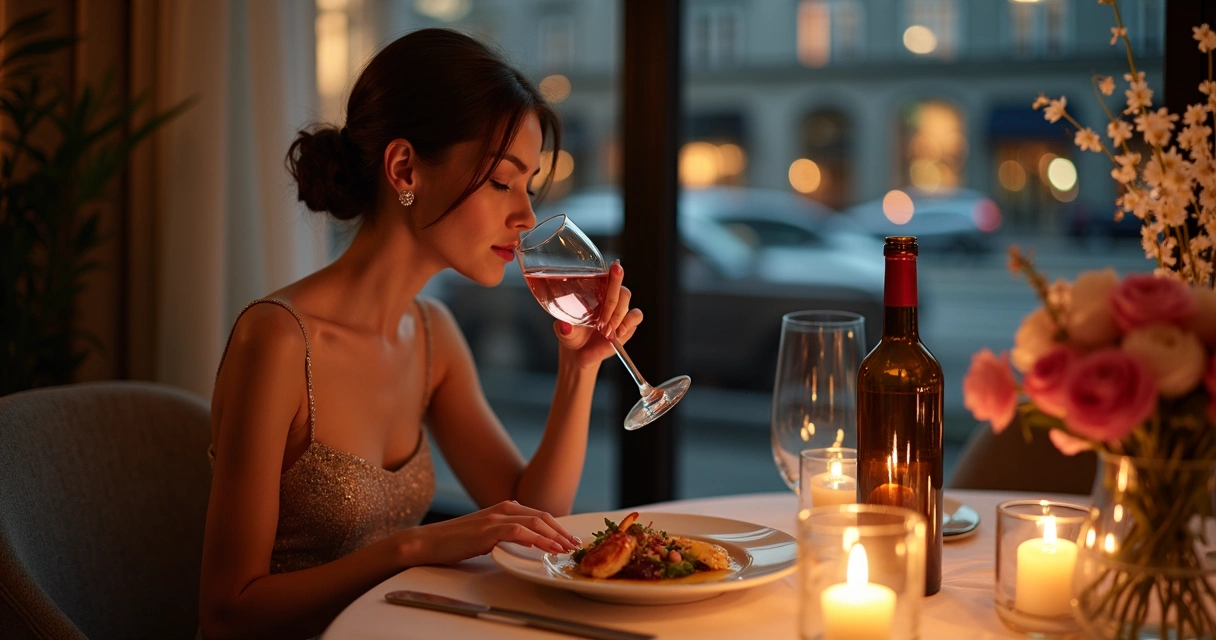 Mulher sentada em restaurante elegante com mesa posta