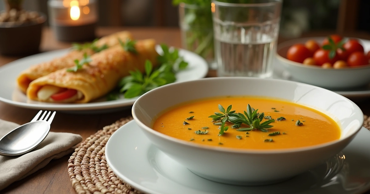 Sopa de abóbora com ervas ao lado de crepioca recheada 