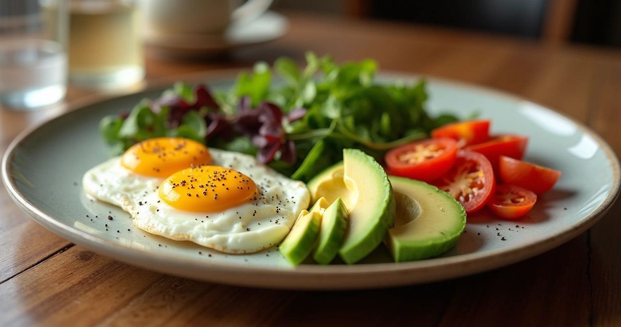 Prato de jantar saudável com ovos, abacate e legumes frescos 