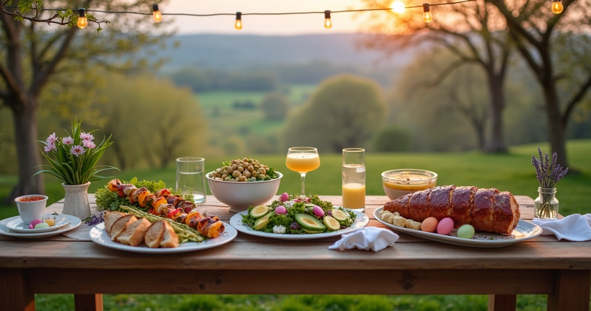 Mesa posta para jantar de Páscoa ao ar livre na primavera com pratos leves 