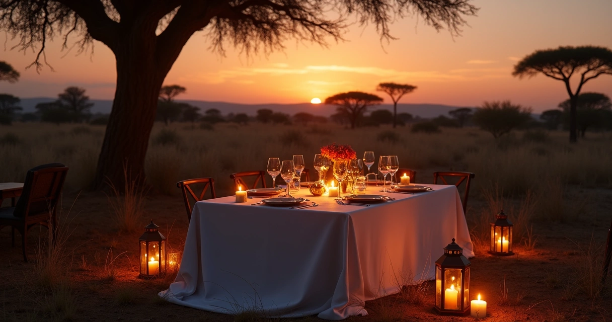 Jantar privativo à beira de uma fogueira na savana africana 