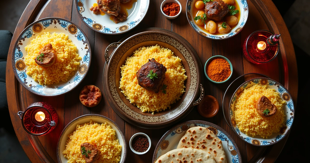 Mesa posta com pratos árabes, arroz, cordeiro e especiarias 