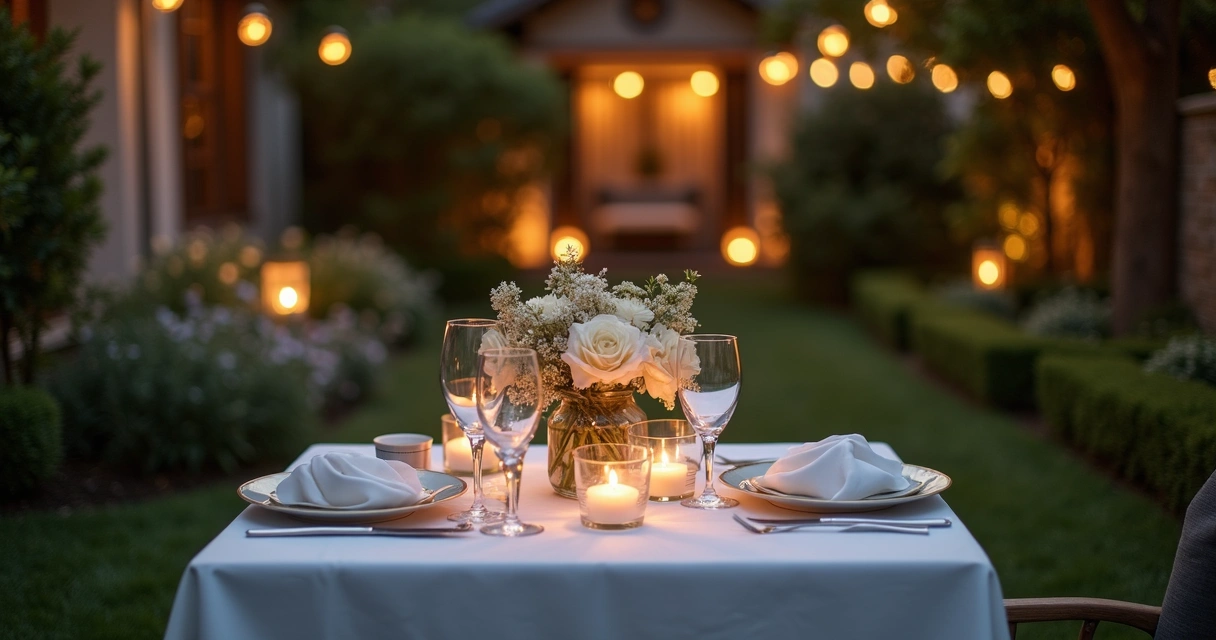 Mesa decorada para jantar a dois em jardim privativo, luzes de velas ao entardecer 