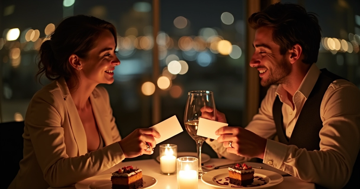 Casal fazendo perguntas durante jantar romântico à noite