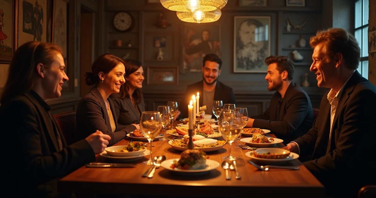 Grupo de amigos em jantar secreto em ambiente aconchegante