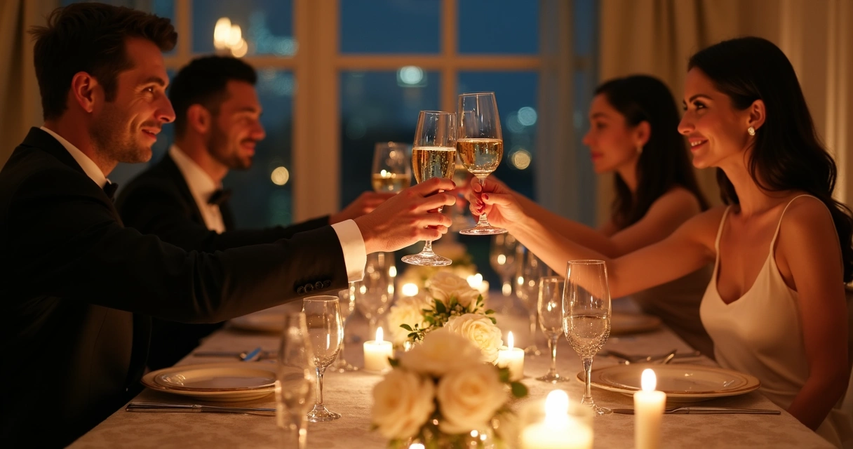 Jantar secreto em cenário luxuoso com taças de vinho e decoração sofisticada
