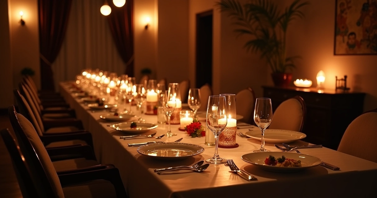 Mesa de jantar secreta iluminada com velas, ambiente intimista com decoração elegante e pratos gourmet servidos 