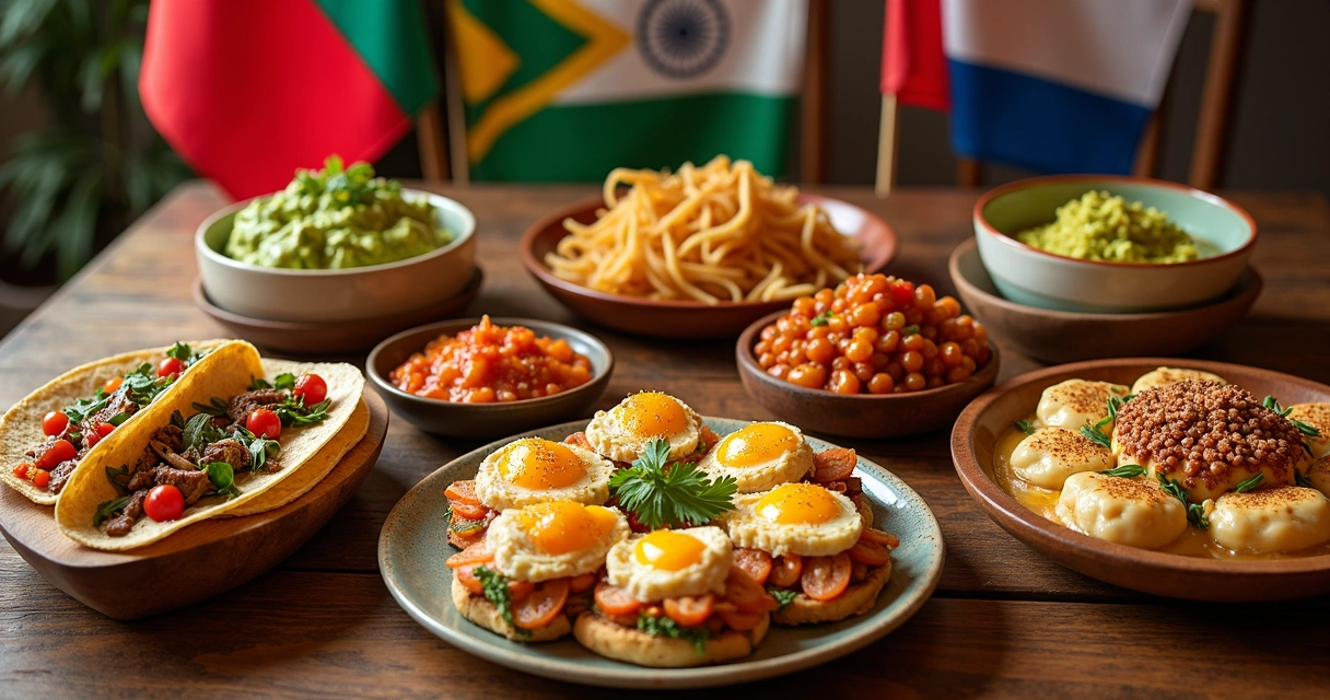 Mesa com pratos típicos de México, África do Sul, Coreia do Sul e República Tcheca preparados para jantar 