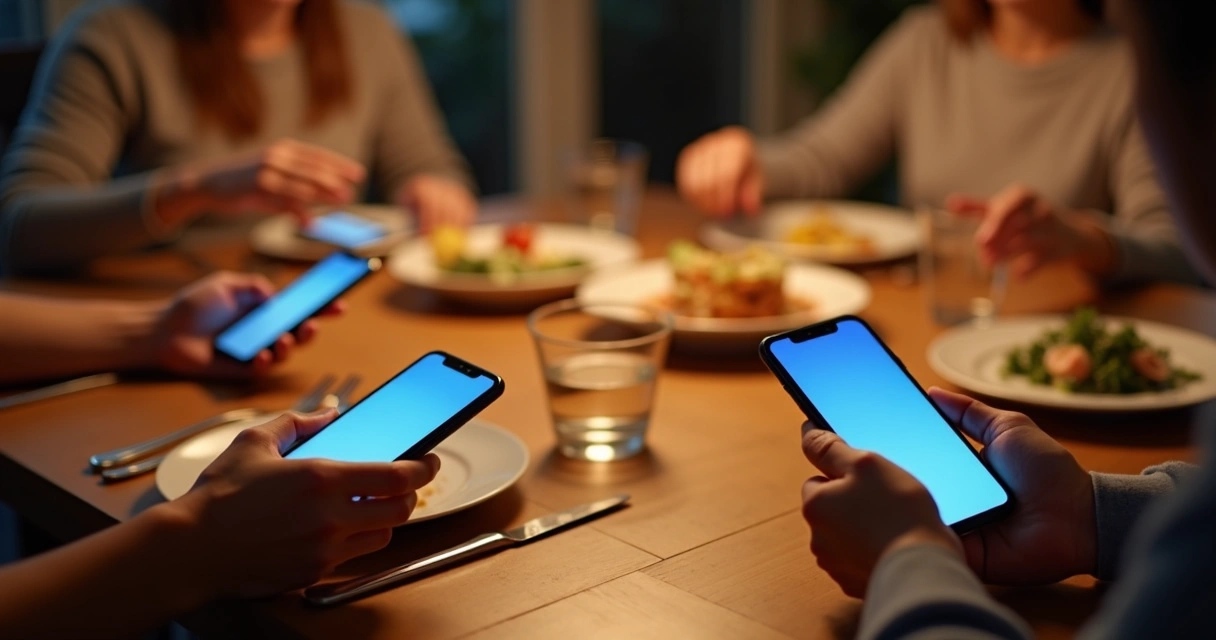 Mesa de jantar com celulares virados para baixo