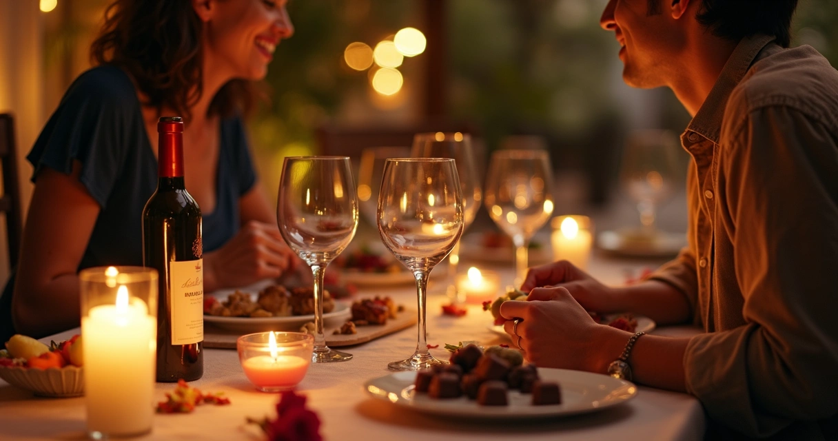 Jantar temático com casal, velas e vinho na mesa 