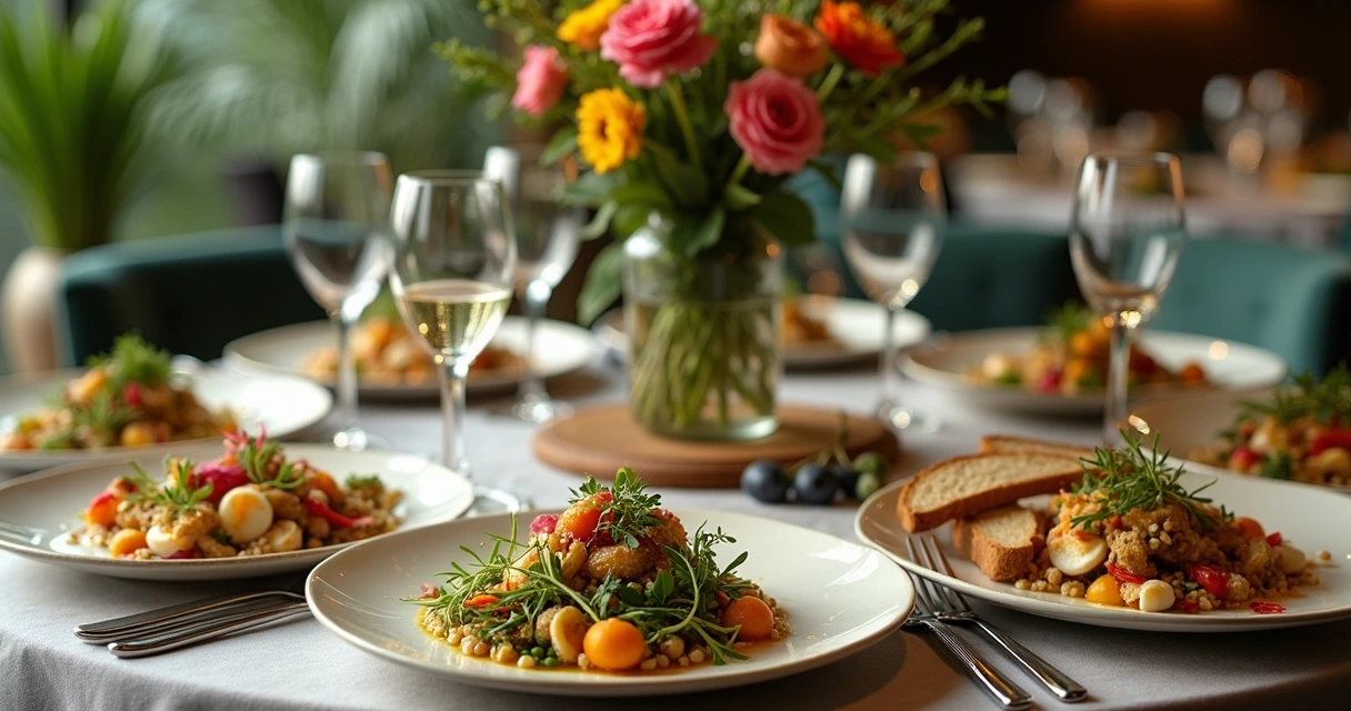 Mesa de jantar elegante com pratos veganos sofisticados e arranjos de flores 