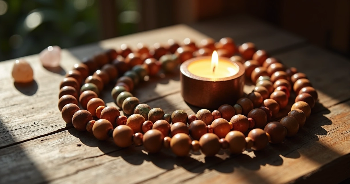 Japamala próximo a vela e cristais apoiados em superfície de madeira 