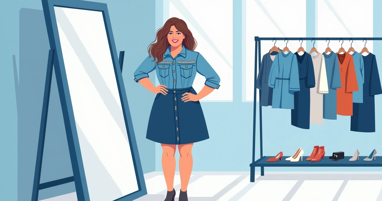 Mulher provando jaqueta jeans com detalhes nos ombros 