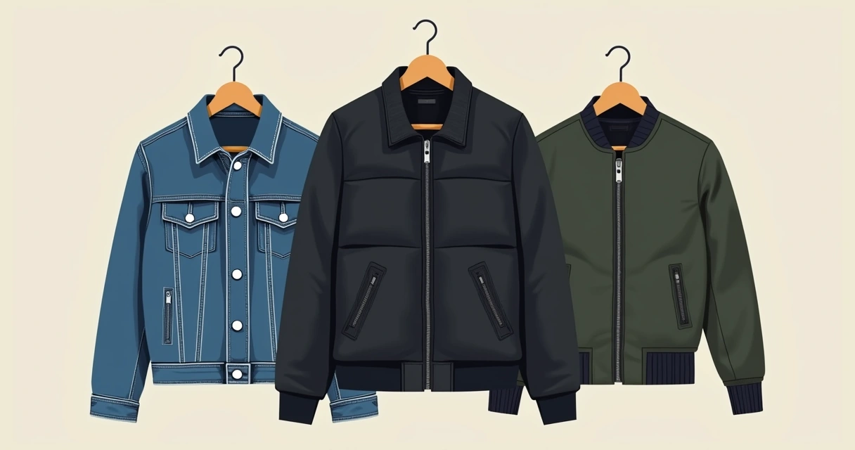 Três jaquetas masculinas em cabides, incluindo trucker, puffer e bomber