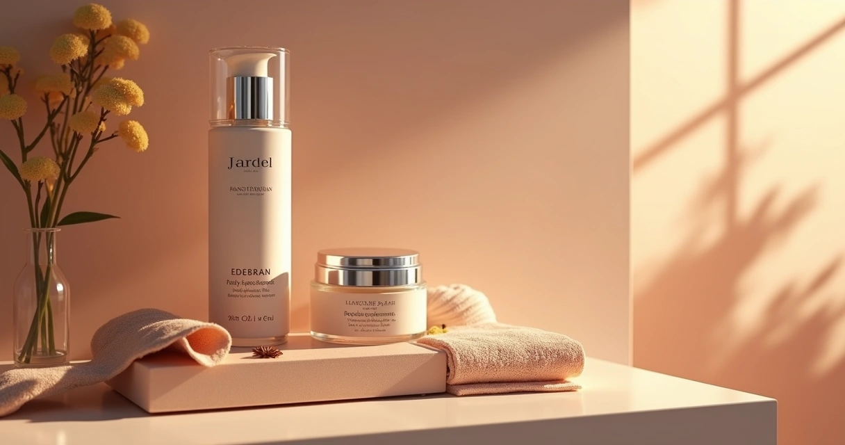 Jardel Edebran em ambiente moderno de skincare com produtos sustentáveis ao redor 
