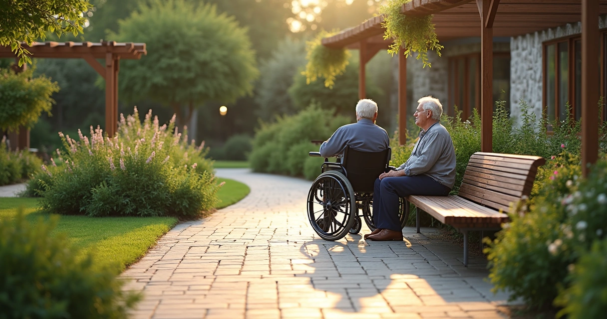 Jardim residencial acessível com caminhos e bancos largos