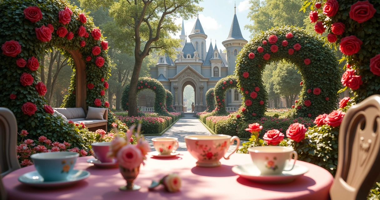 Cenário inspirado em Alice com jardim e mesa de chá 