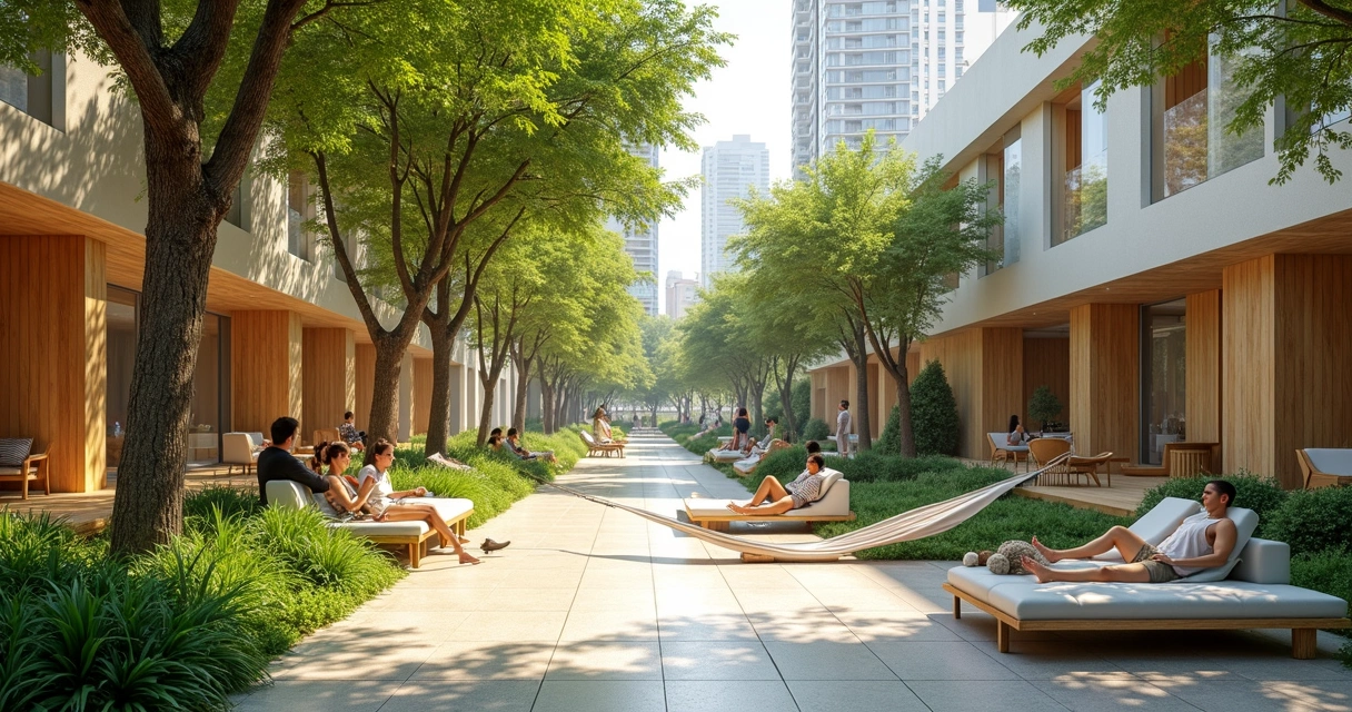 Jardim urbano integrado à arquitetura moderna com árvores e mobiliário de descanso 