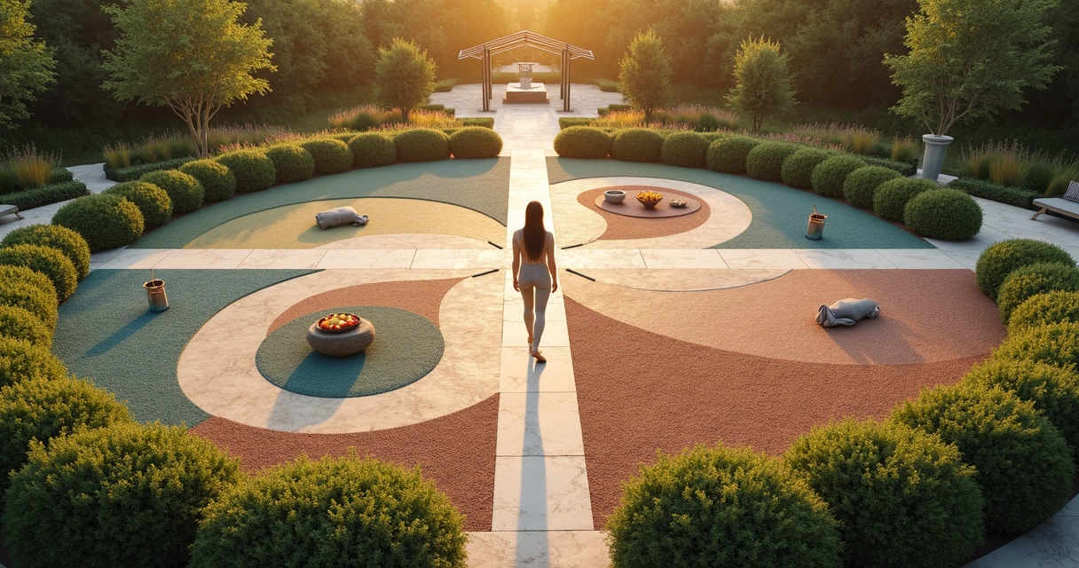Mulher caminhando em jardim circular com trilhas coloridas entrelaçadas vistas de cima 