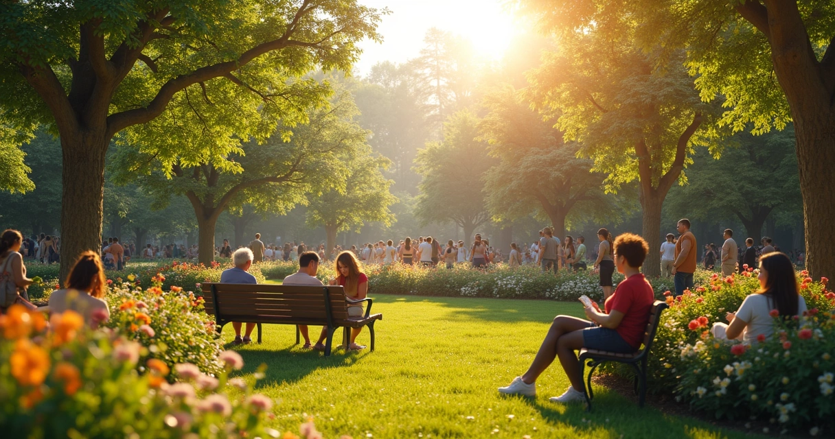 Jardim com pessoas interagindo e sol brilhando
