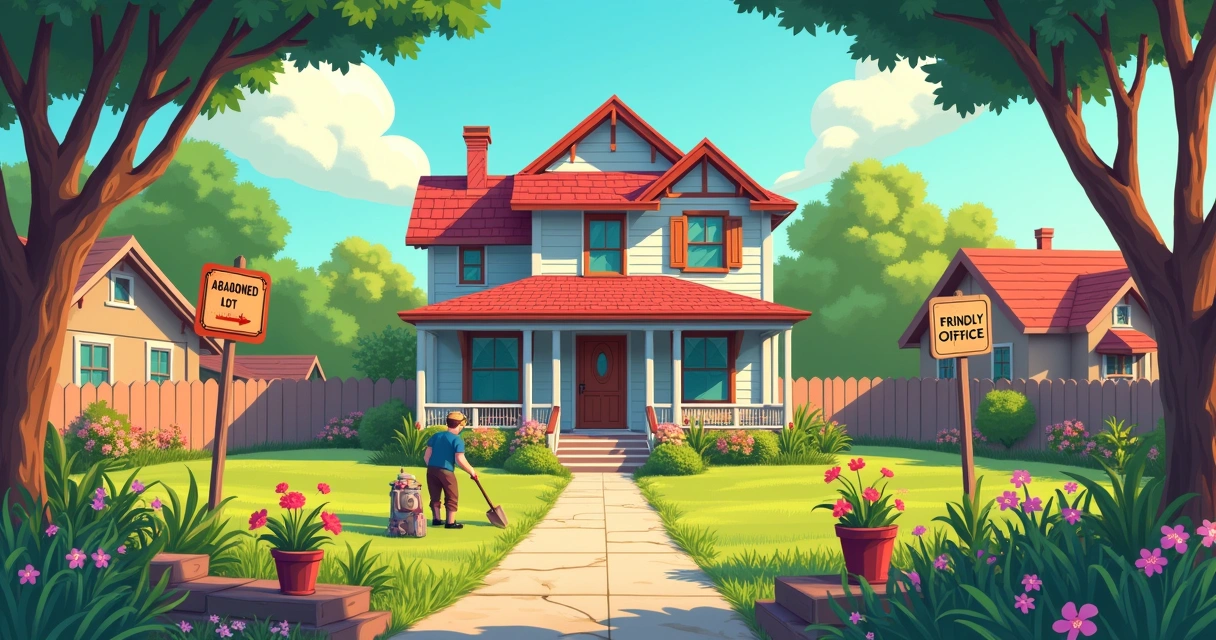 Ilustração de um jardim bem cuidado em frente a uma casa antiga, simbolizando usucapião e transformação de propriedade.