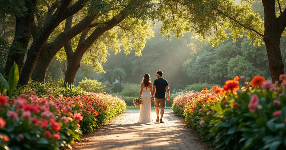 Casal caminhando por jardim florido em Orlando 