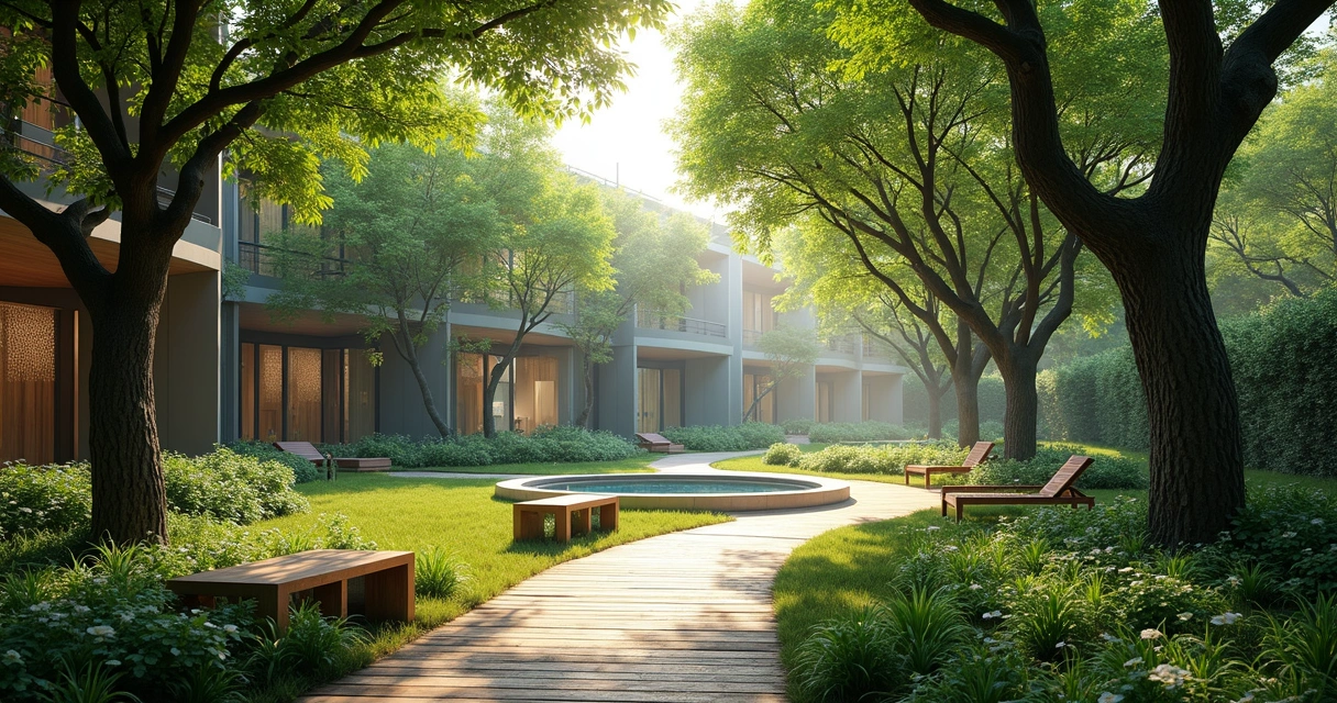 Jardim com árvores centenárias no spa urbano 