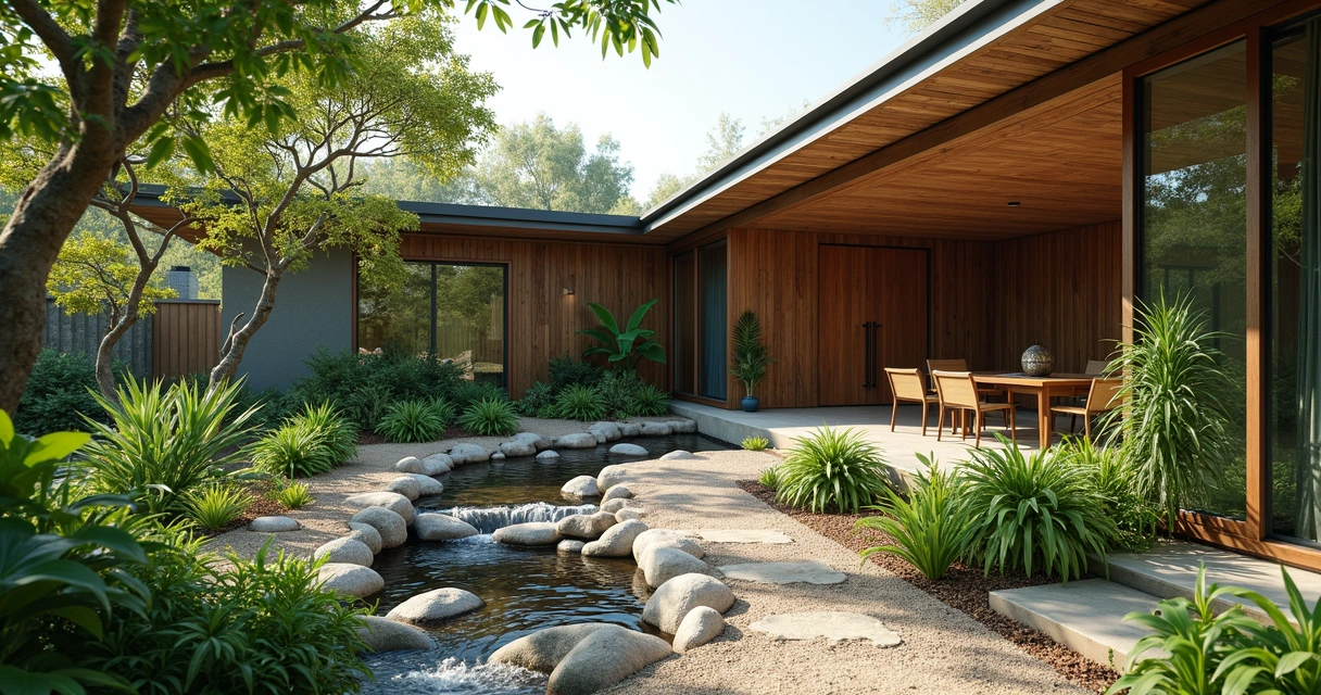 Jardim de chuva com variedade de plantas em frente a casa sustentável 