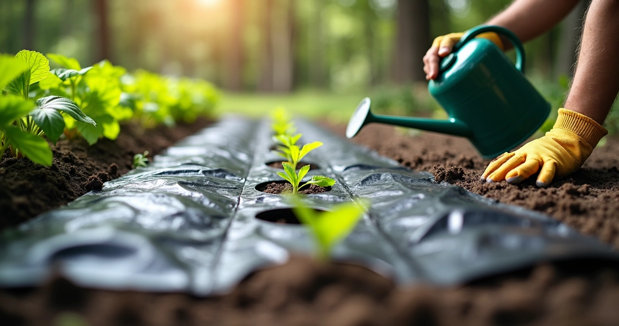 Cobertura de solo em horta com filme plástico preto e plantas emergindo 