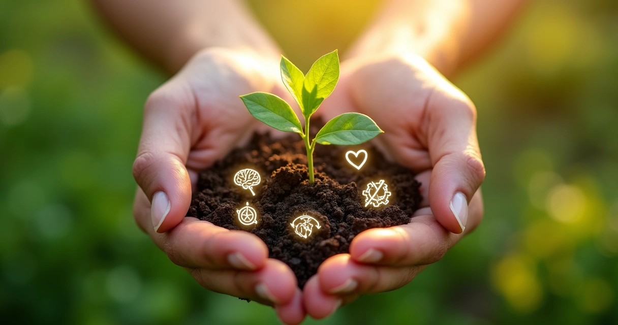 Mãos segurando muda verde cercada por ícones sutis de competências emocionais 