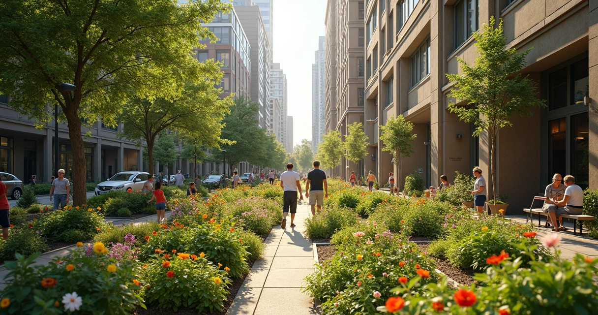 Jardim comunitário em meio a prédios altos na cidade