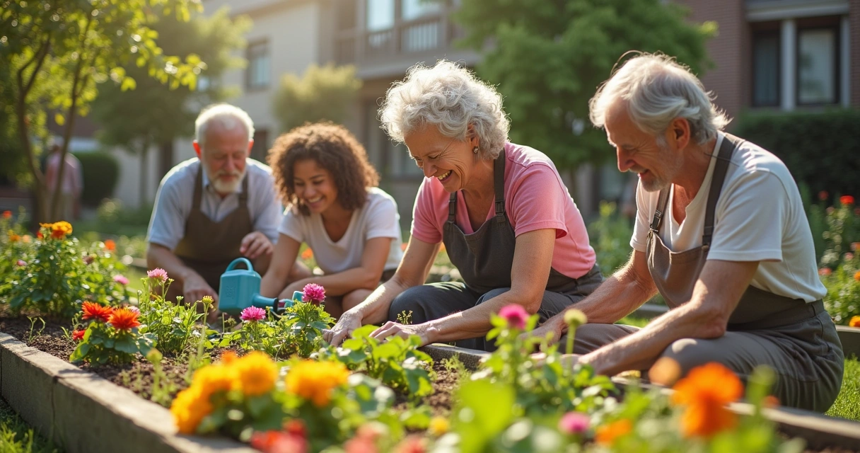 Vizinhos cuidando juntos de um jardim comunitário 