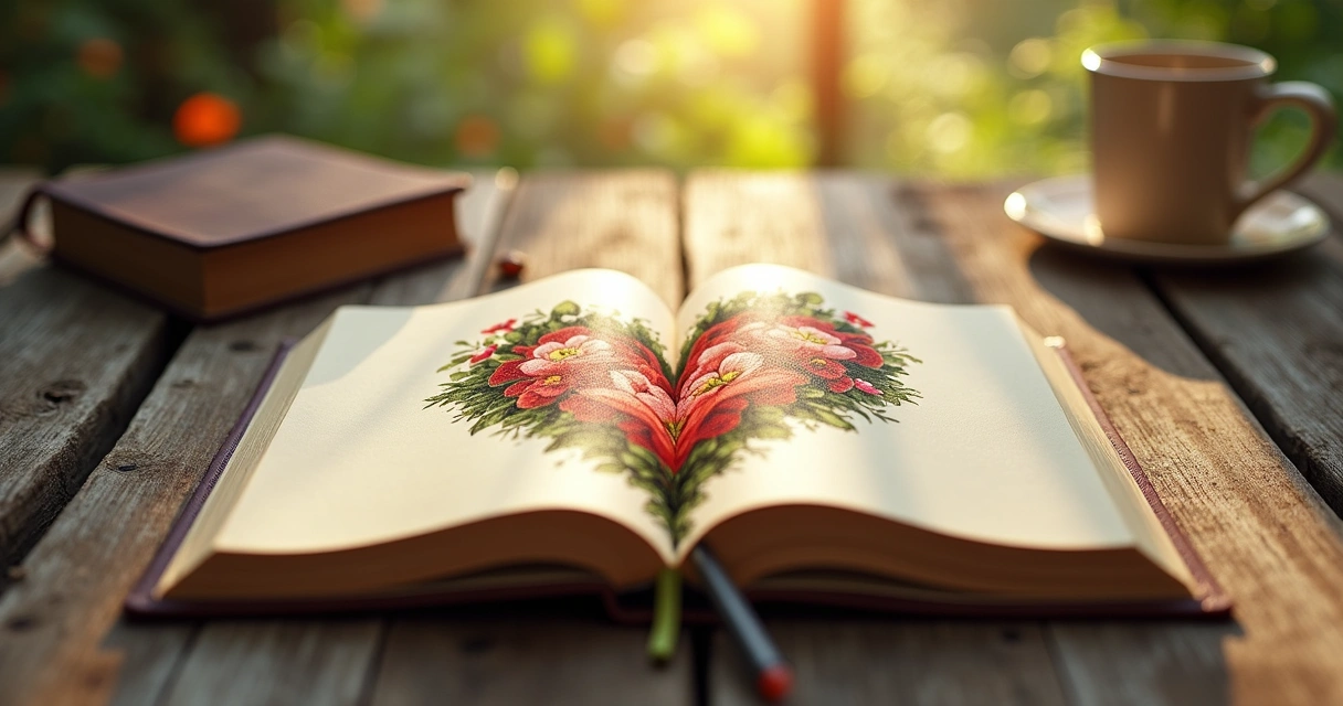 Caderno devocional com jardim desenhado em formato de coração 