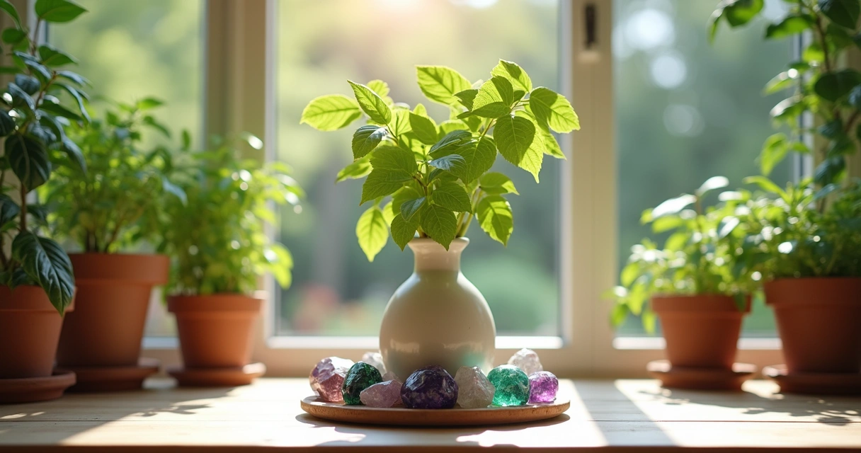 Cristais e pedras em círculo ao redor de um vaso de planta 