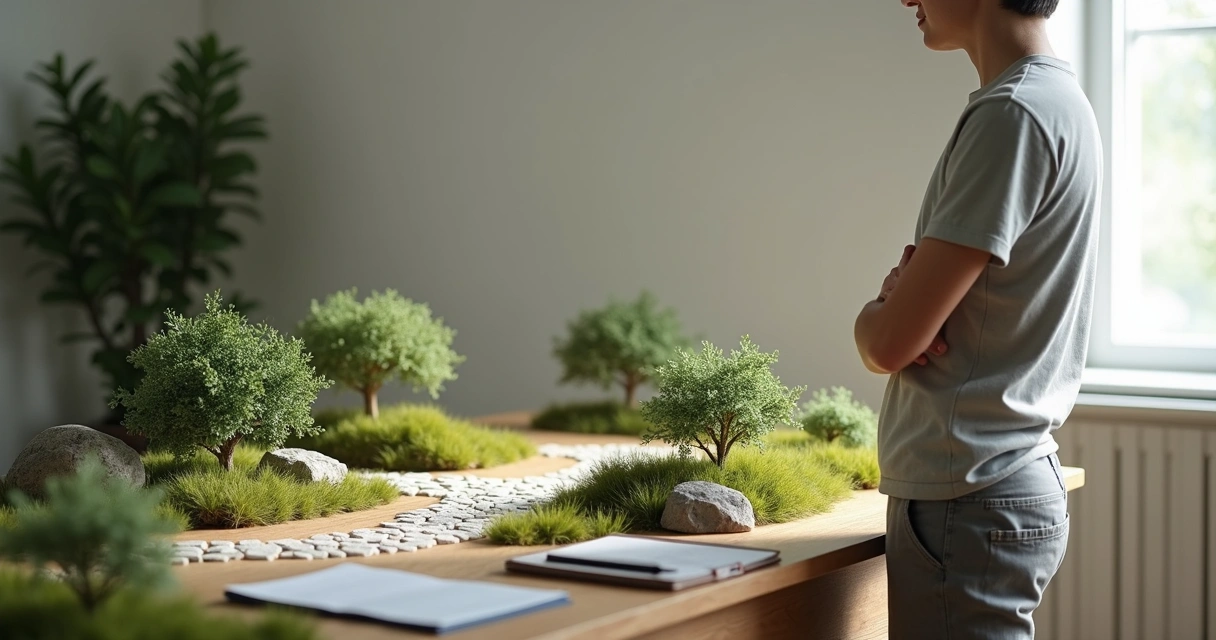 Pessoa contemplando maquete de jardim com diferentes caminhos iluminados 