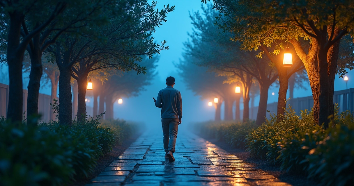 Pessoa caminhando em jardim noturno com árvores formadas por ícones digitais 