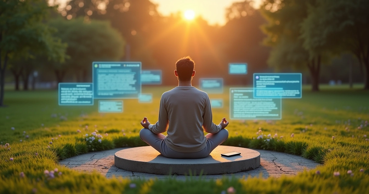 Pessoa em jardim criando fronteira suave contra telas digitais ao redor 