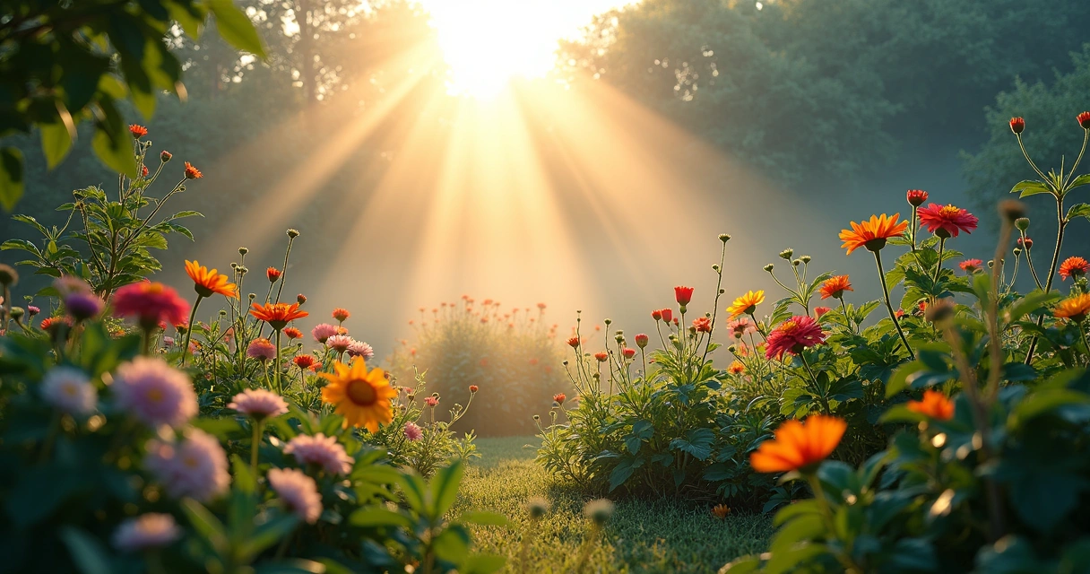 Luz suave atravessando plantas e flores em um jardim exuberante 