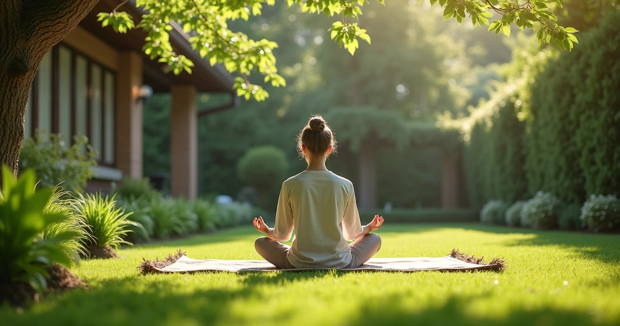 Pessoa meditando ao ar livre em jardim caseiro bem cuidado 