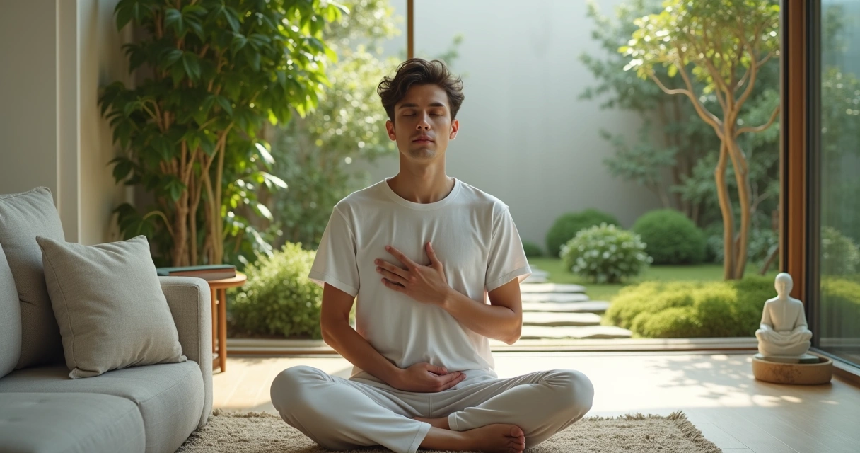 Pessoa em sala acolhedora com jardim interno simbolizando equilíbrio entre mente e corpo 