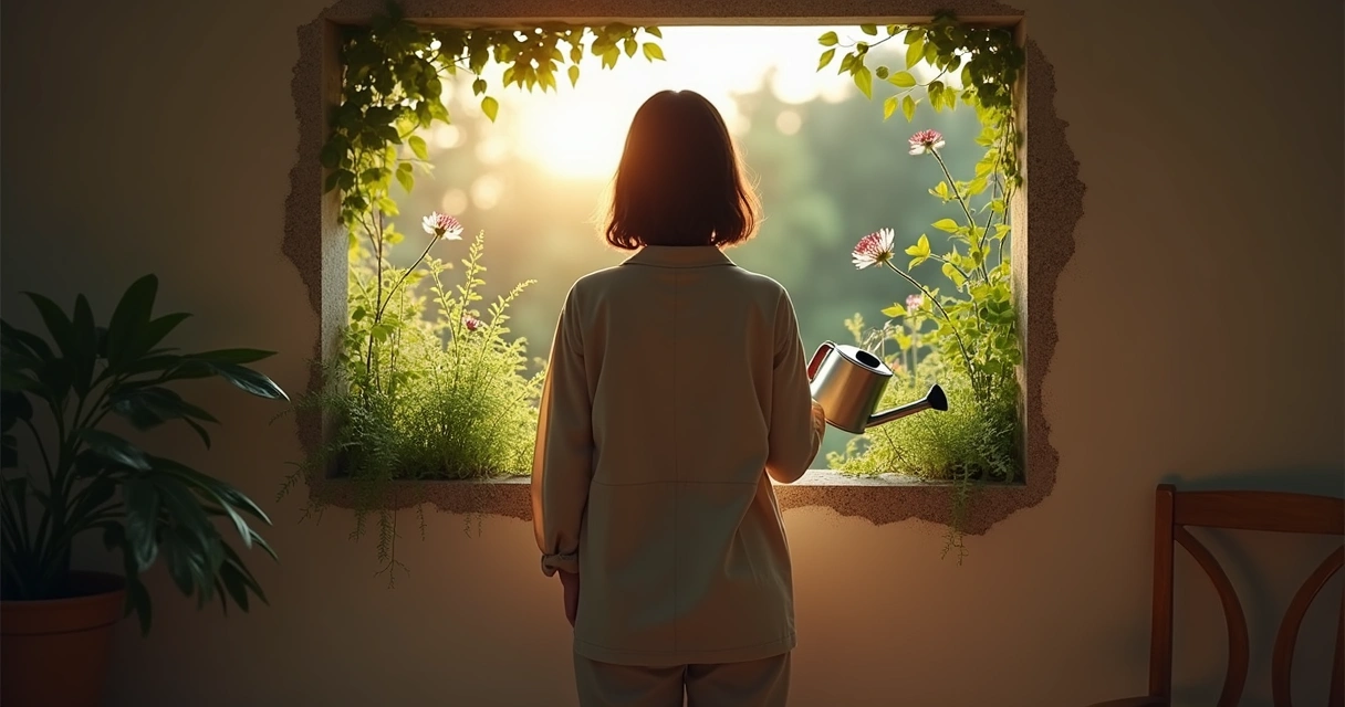 Pessoa regando um pequeno jardim interno com plantas contrastando entre flor e espinho 