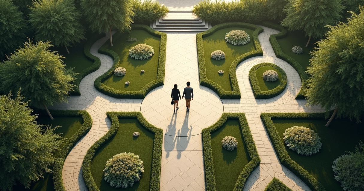 Duas pessoas caminhando em jardim dividido entre caminhos bem cuidados e área emaranhada 