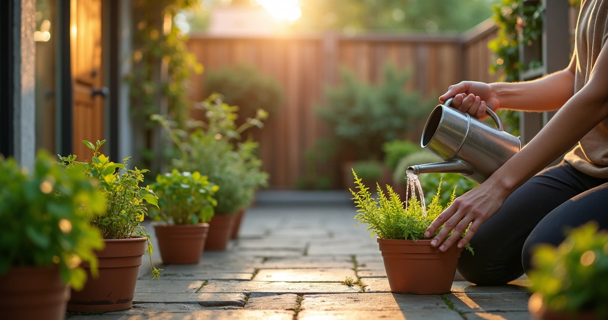 Pessoa regando plantas com atenção em pequeno jardim ao amanhecer 