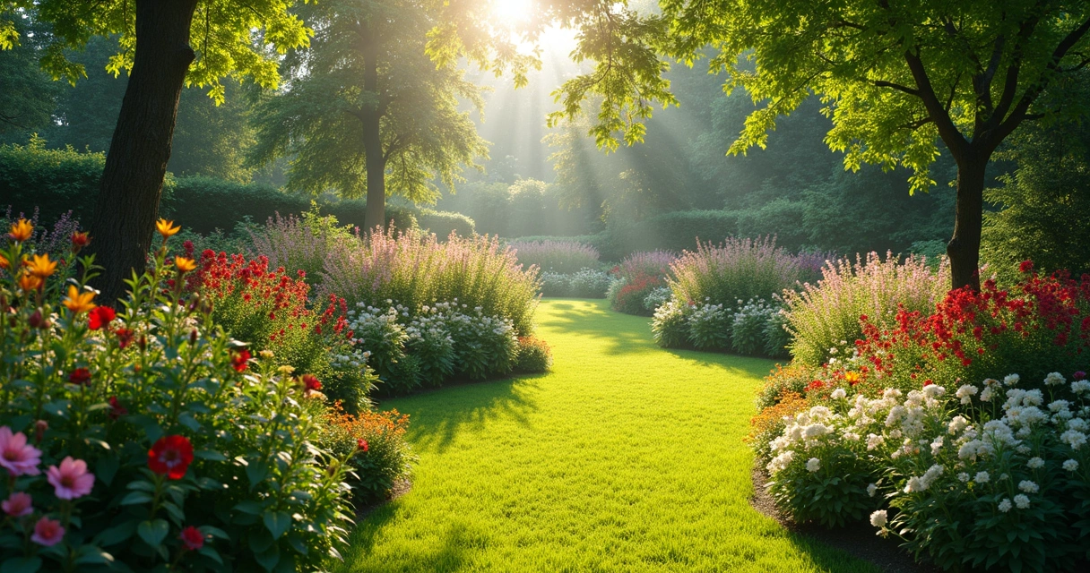 Jardim externo com luz do sol e flores coloridas 