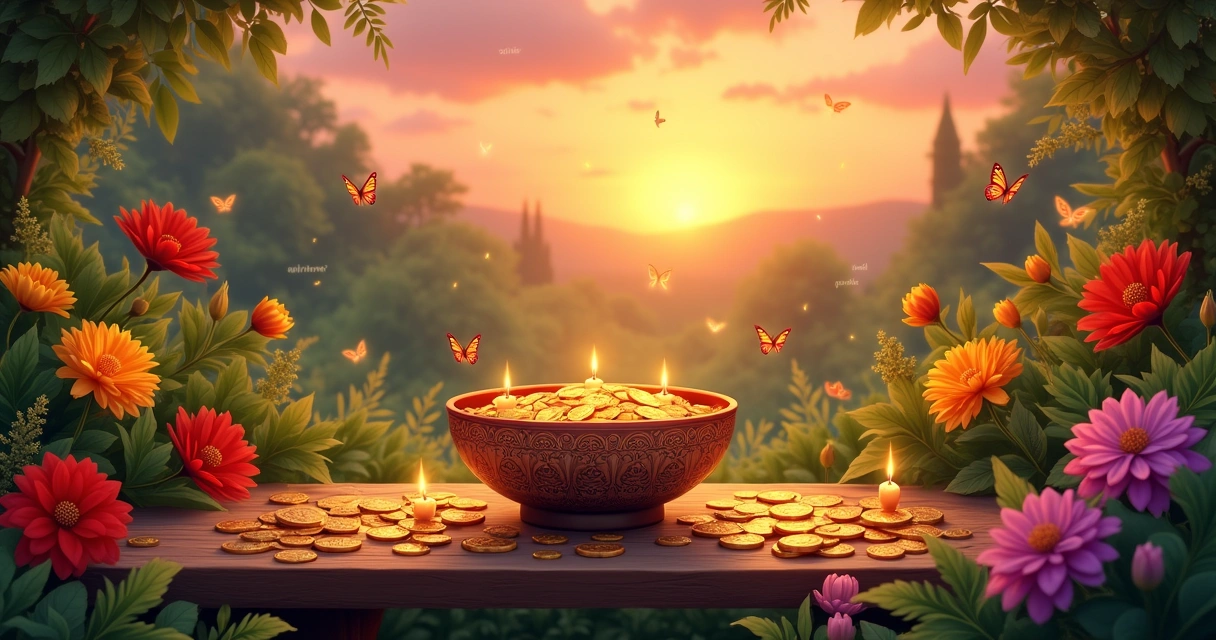 Paisagem serena de um jardim ao pôr do sol com uma mesa de madeira cheia de moedas e velas, simbolizando prosperidade.