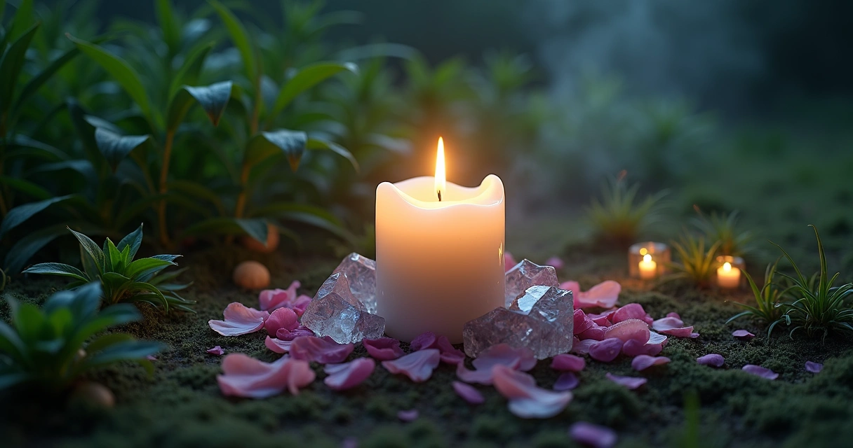 Vela branca acesa e cristais em jardim esotérico à noite 