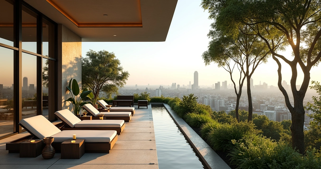 Vista do rooftop do spa mostrando vegetação e prédio com design moderno 