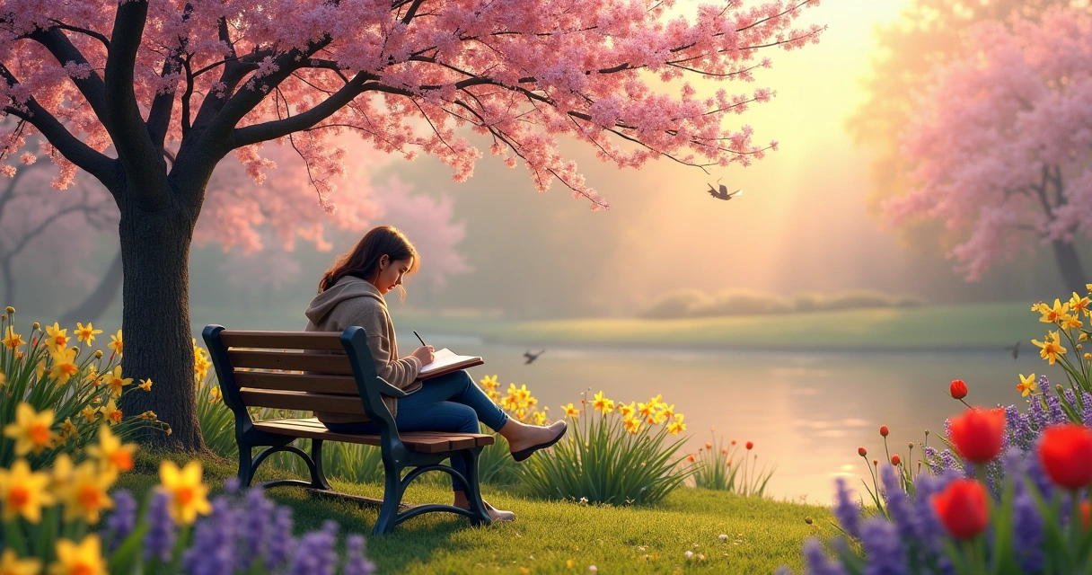 Pessoa tranquila escrevendo em um diário sob uma árvore florido em um jardim sereno ao amanhecer.