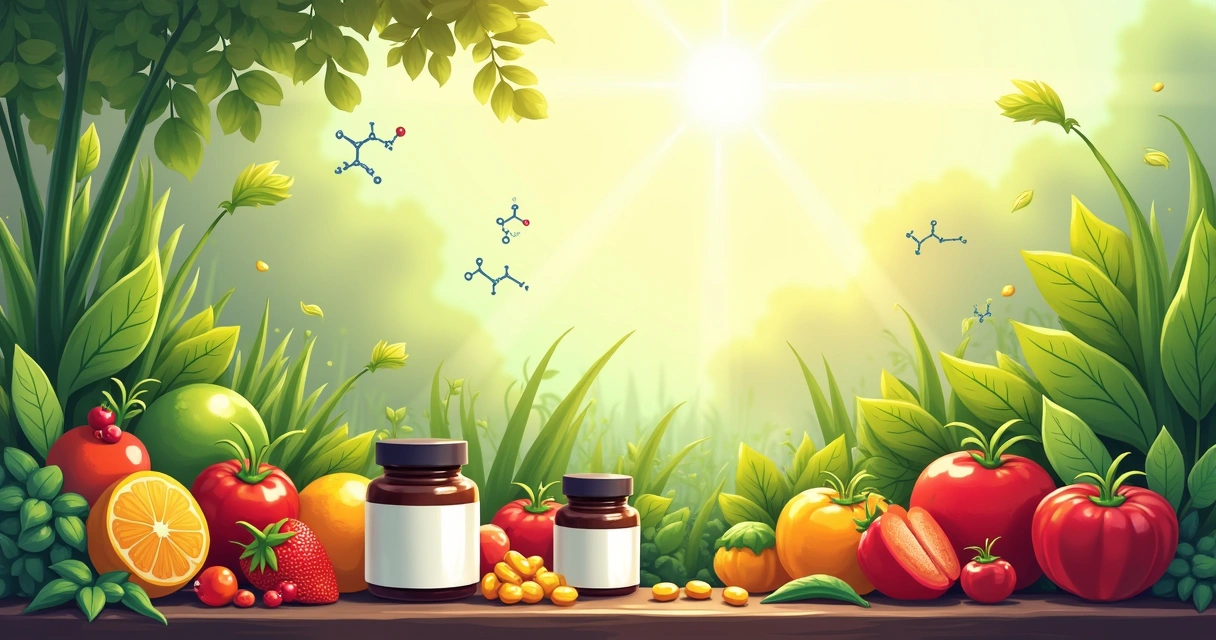 Jardim vibrante com frutas e vegetais, frascos de suplementos ressaltando a absorção de nutrientes.