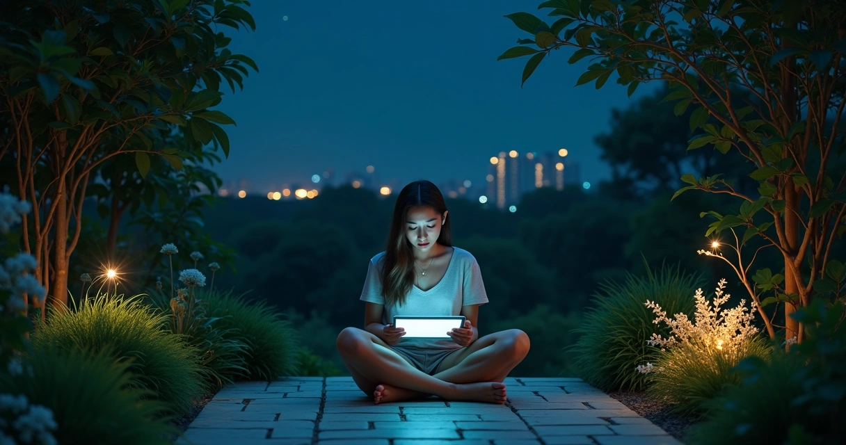 Pessoa em jardim noturno tocando tablet que se conecta a plantas luminosas 